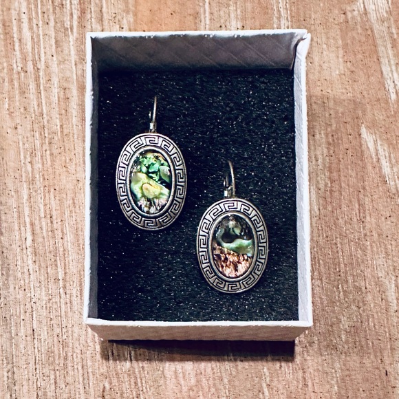 Delicate Iridescent Abalone Shell Pierced Ear Earrings with Greek Key Pattern - Picture 1 of 5